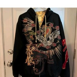 RARE..Christian Audigier Black & Gold "Los Angeles" Serpent & Dagger graphic.